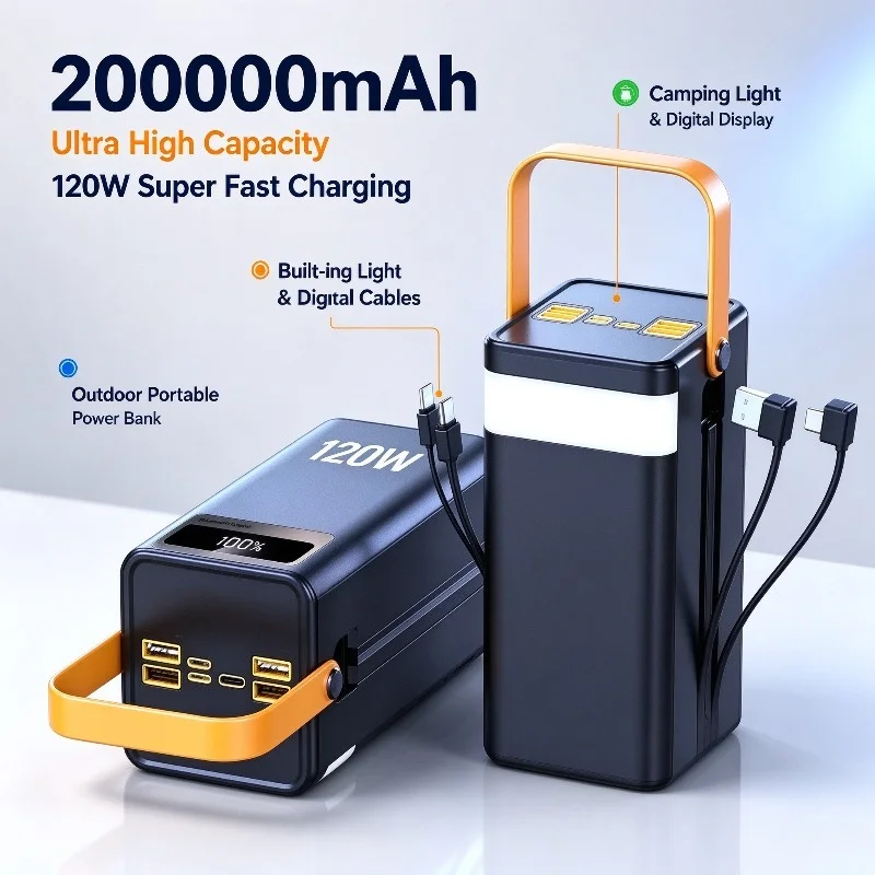 100000mAh  Large Capacity Power Bank – 22.5W Fast Charging with Cable, Powerful External Battery for IPhone, Samsung, Xiaomi