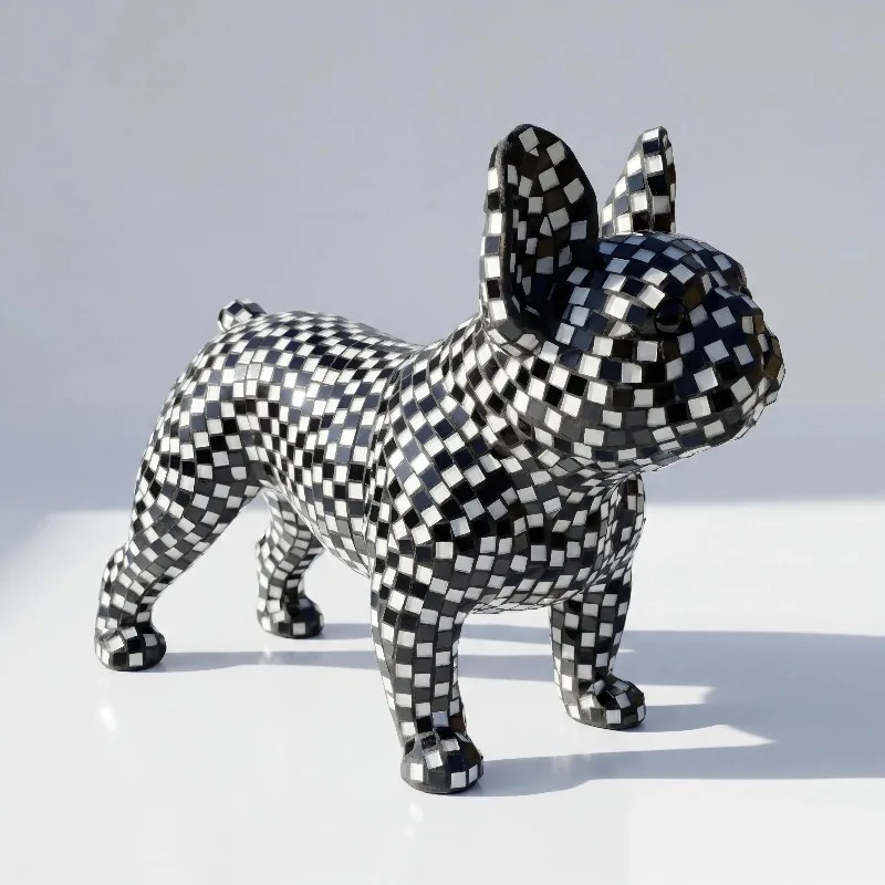Resin Mosaic French Bulldog Statue Disco Mirror Checkered Dog Figurine Modern Home Decor Living Room Tabletop Ornament Gift