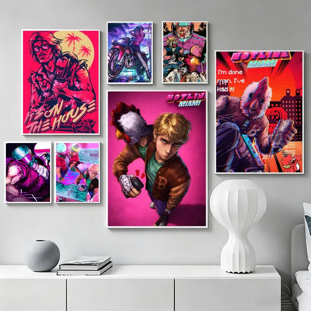H-Hotline Miami Poster Hot Self-adhesive Art Paper Sticker Coffee House Bar Room Wall Decor