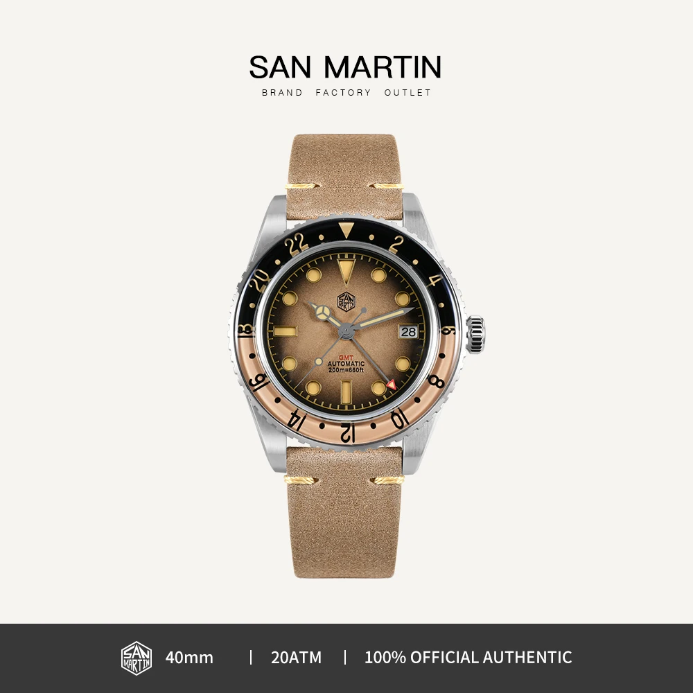 

San Martin 40mm Retro NH34 GMT Sandwich Dial Watch Bidirectional Sapphire Bezel 20Bar Luxury Stainless Steel Wristwatch SN0134