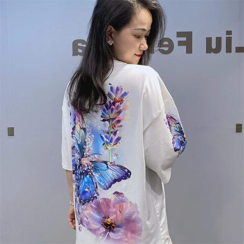 Loose Butterfly Printed Beaded Round Neck Half Sleep Top Female 2024 Summer New Short Sleeve Rhinestone T-shirt Women