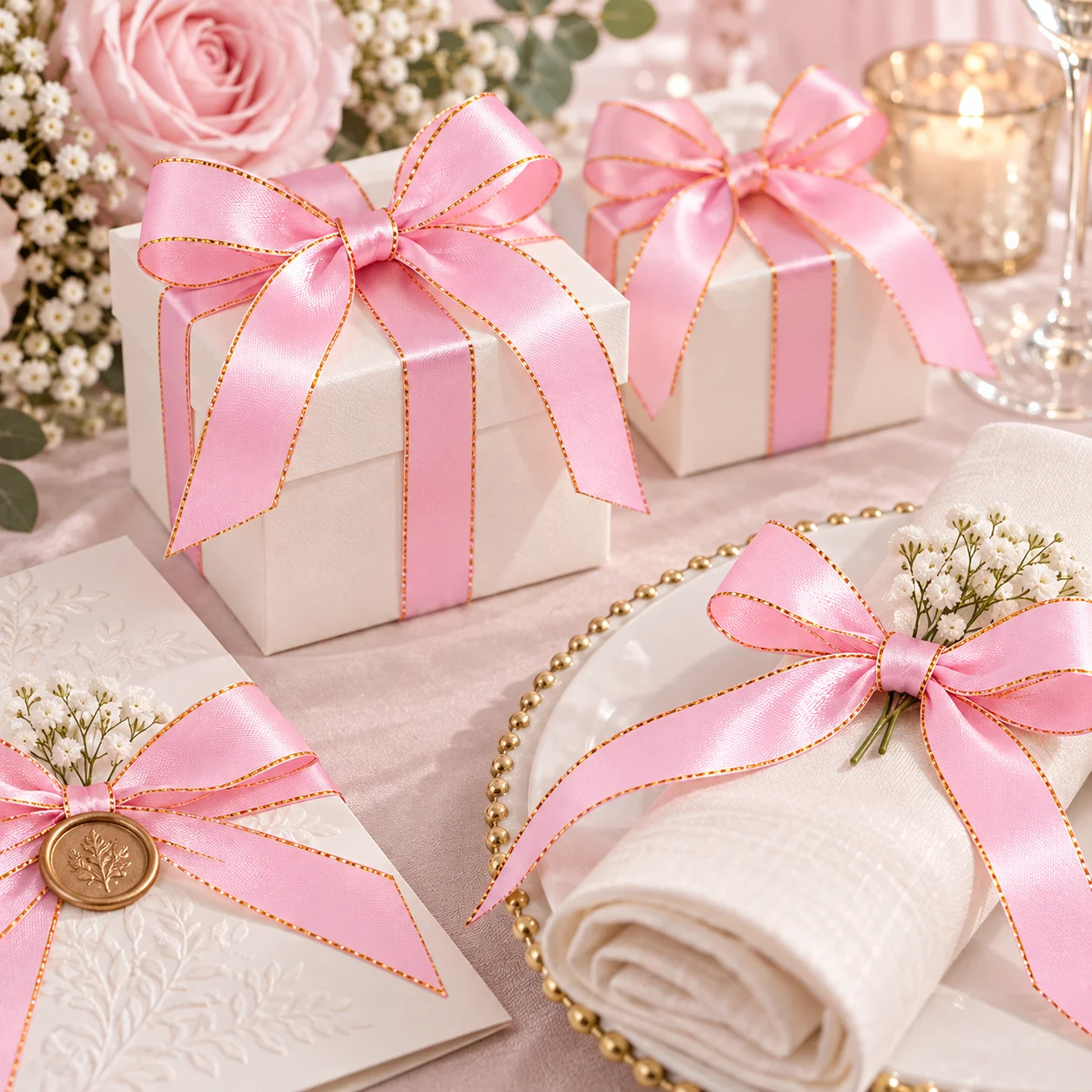 Pink Gold Edge Polyester Fabric Satin Ribbon ,for Gift Wrapping,Wedding Bouquet,Christmas Party DIY Bow Floral Craft Decorat