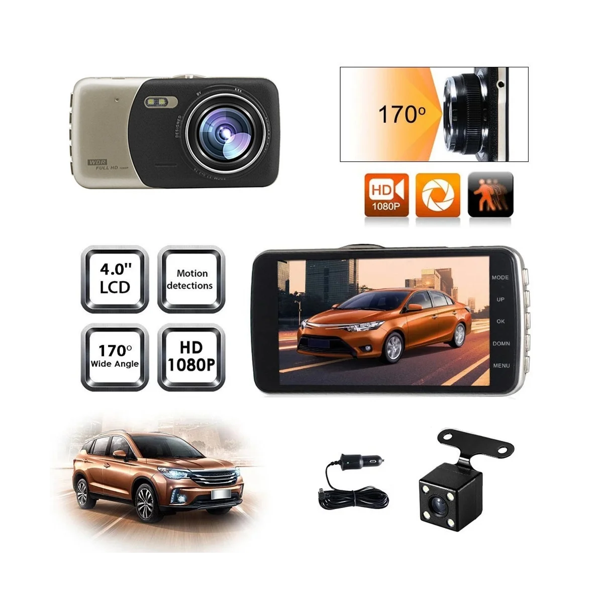 DVR kamera mobil dua lensa 4 inci, kamera perekam DVR Full HD 1080P penglihatan malam kamera dasbor perekam parkir Video