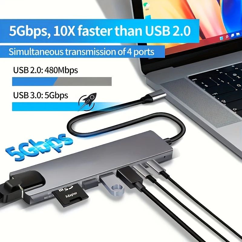 A multi-functional USB-C extender with 8 ports, supporting 4K HDTV output, equipped with a 3937.01-inch RJ45 port, SD/TF card re