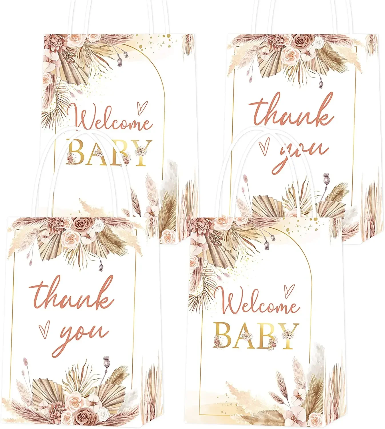 

Boho Floral Party Favor Bags with Handle, Pampas Grass Candy, Goodie Gift Paper Bag for Girls, Baby Shower Supplies, 16Pcs