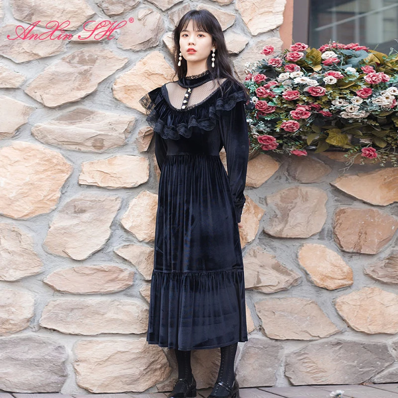 

AnXin SH vintage princess black velvet flower lace o neck long sleeve pearls button ruffles zipper party a line evening dress