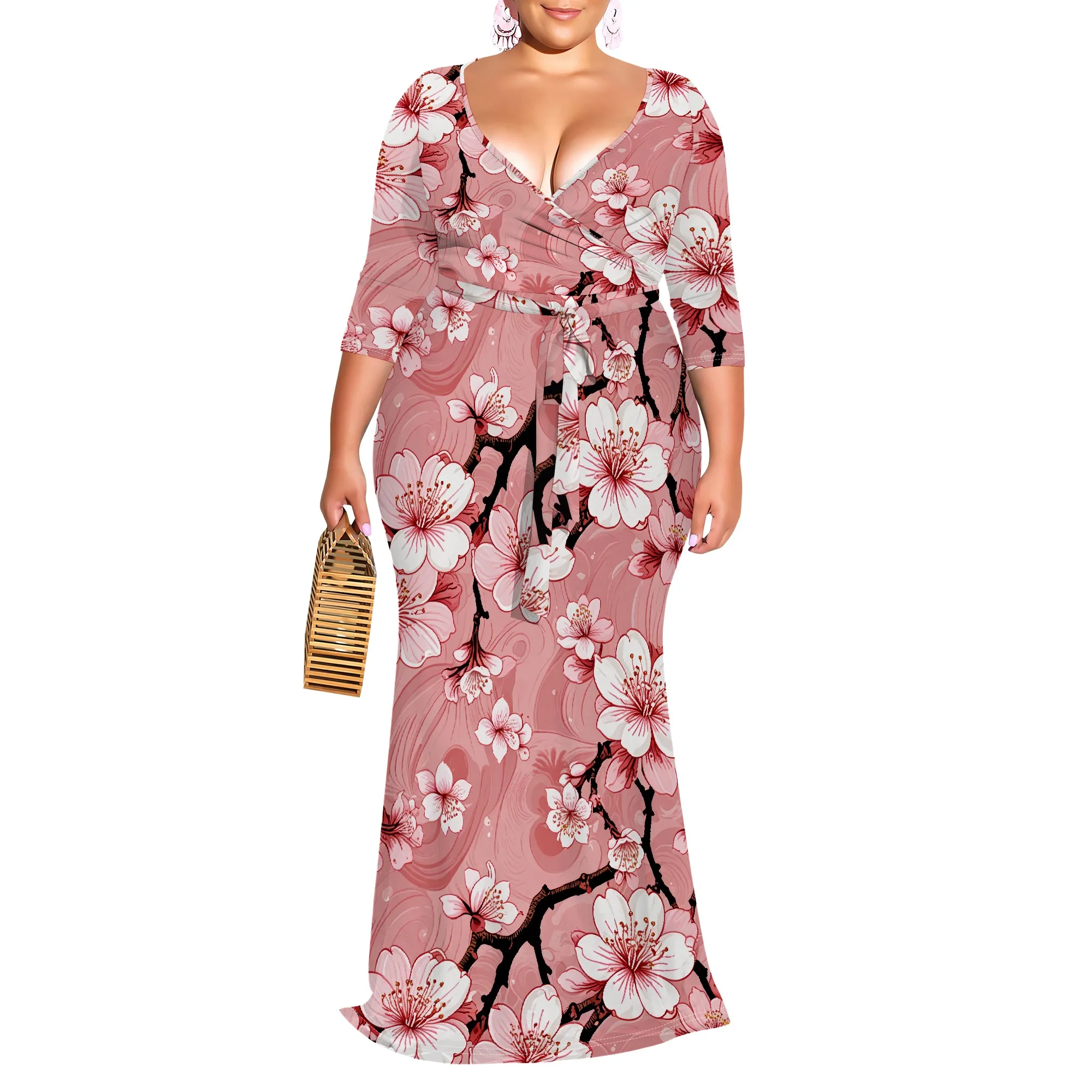 

Plus Size Fall Dress for Women 3/4 Sleeve Boho Beach Sexy Boho Floral Maxi Dress Hawaiian Wrap Elegant Dresses