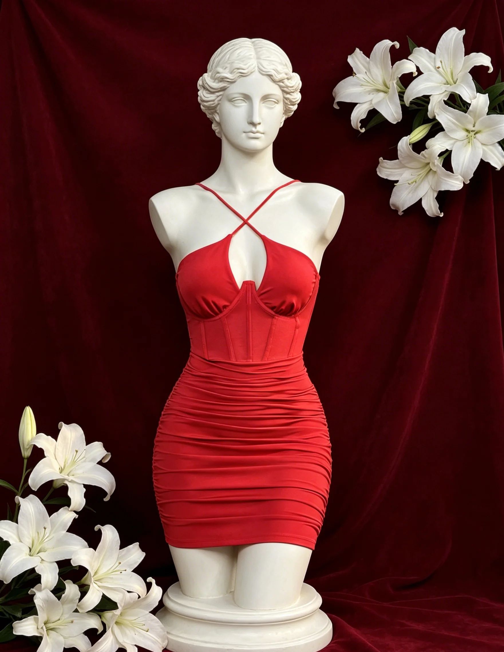 【 Fragments.SPECIAL LINK:THE MASCOT'SLITTLE GIFT.】Striking Red Crisscross Halter Ruched Sleek Polished Modern Mini Dress