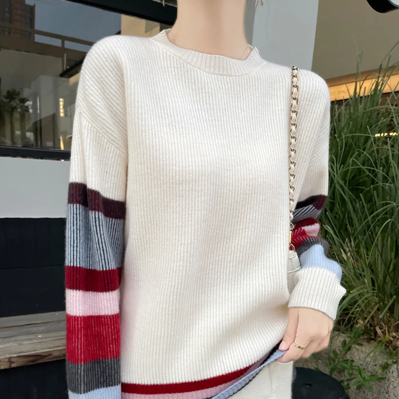 

100% Merino Wool New O-Neck Knitted Sweater Pullover Cashmere Long Sleeves Slimming Color-Blocking Soft Casual Clothing Top