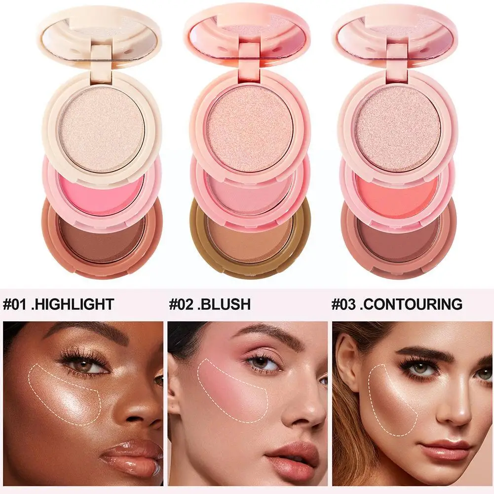 Highlighter e contorno Blush, paleta integrada, blush perolado, brilhante duradoura, brilho contorno, alta multifuncional, rosto Cosm, 3 em 1, R5J4