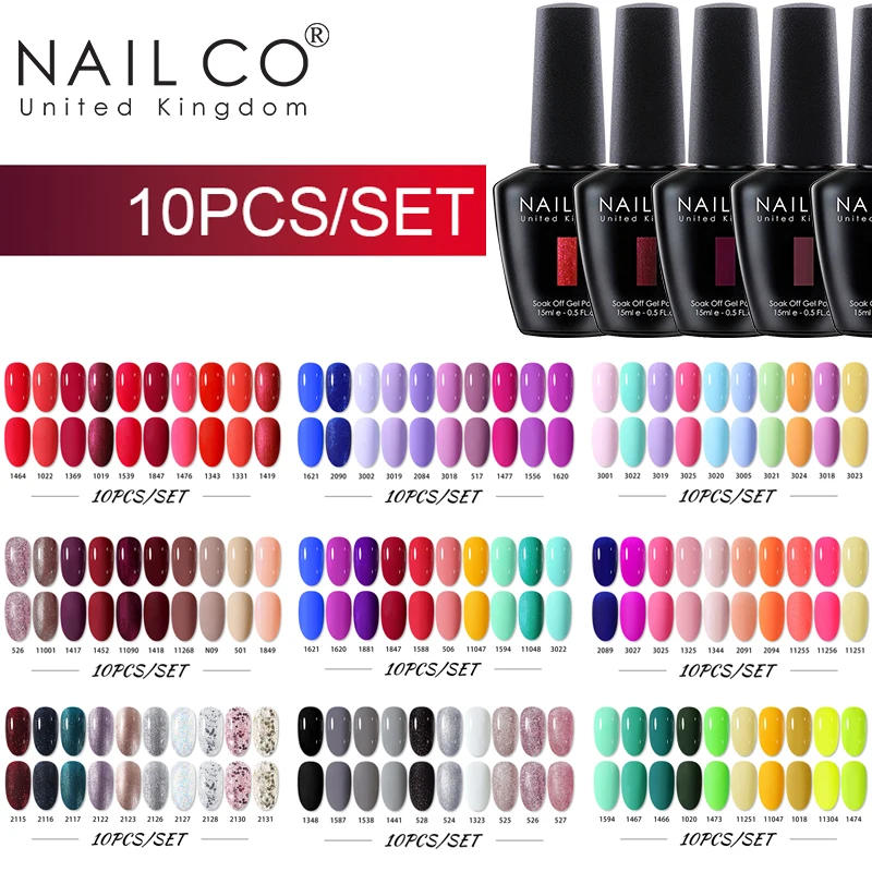 

NAILCO 10Pcs/Set 15ml Gel Polish HEMA FREE TPO FREE Nails Art Manicure Vernis Semi Permanent Soak Off UV Gel Kit Varnish Stuff