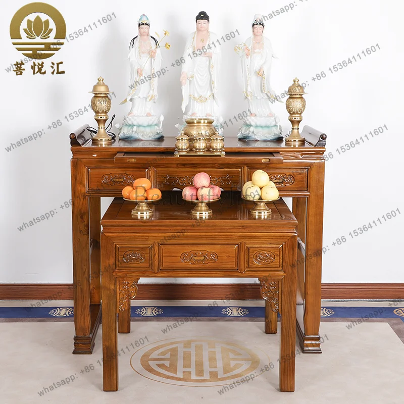 LSSolid Wood Camphor Wood Offering Table New Chinese Simple Household Buddha Table Land God Of Wealth Offering Table