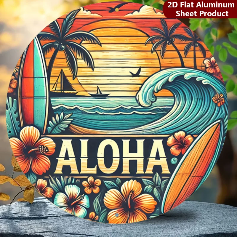 2D Flat, 1 Piece Pack, Aloha Round Sign, Tropical Vintage Decorative Plaque, Beach Porch Decoration, Wall Decoration, Home Decor