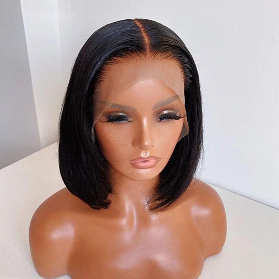 Peluca de encaje frontal profundo para mujeres negras, pelo de bebé prearrancado, color negro Natural, suave, 180% densidad, corto, recto, sedoso, predesplumado, diario