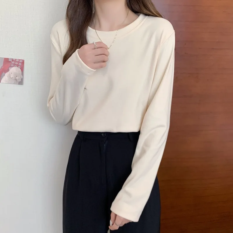 Korean Fashion Long Sleeve Winter T-shirts Women Warm Y2K Slim Tops Solid Vintage Kpop Tees Cute Cheap Clothes Woman Tshirts