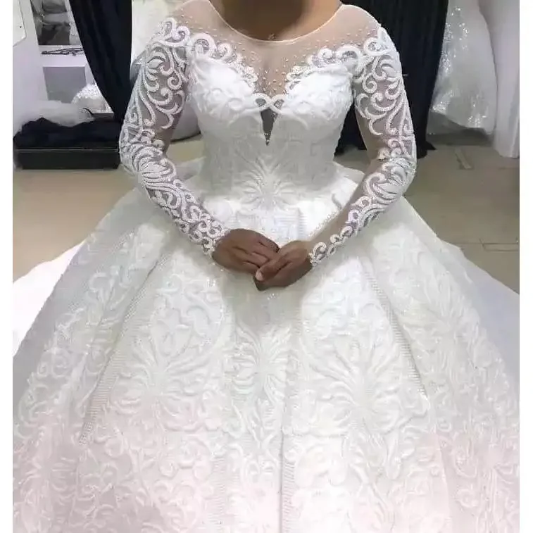 Maßgeschneidertes Ballkleid-Hochzeitskleid, Brautkleider, lange Ärmel, U-Ausschnitt, Applikation, Perlen, Brautkleider in Übergröße