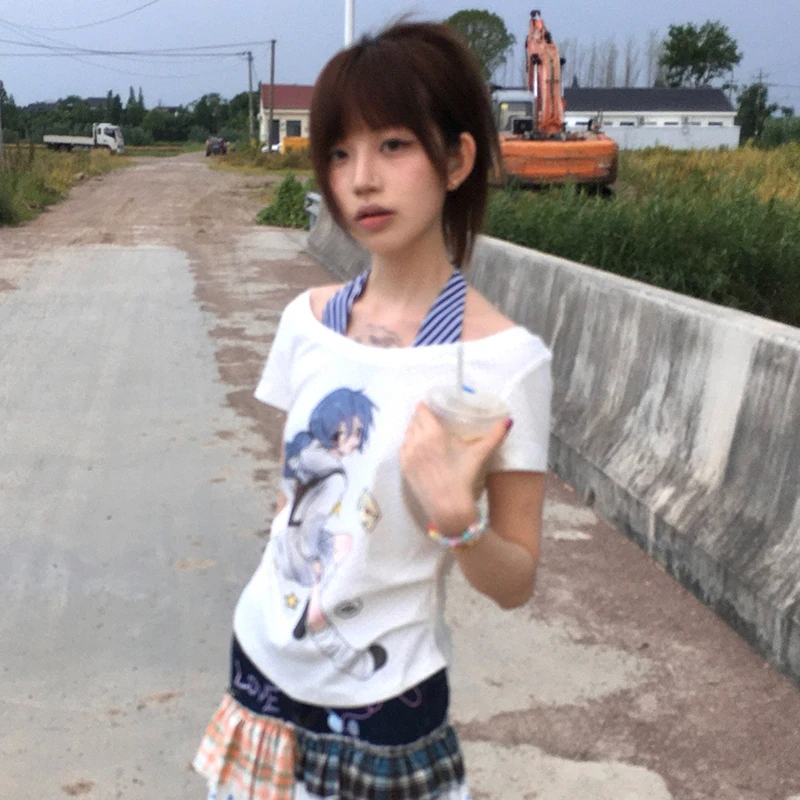 Karrram Japanese Y2k Fake Two-piece Tops 2000s Style Anime Print T-shirt Vintage Harajuku Short Sleeve Crop Top Kawaii Cutecore - view 3