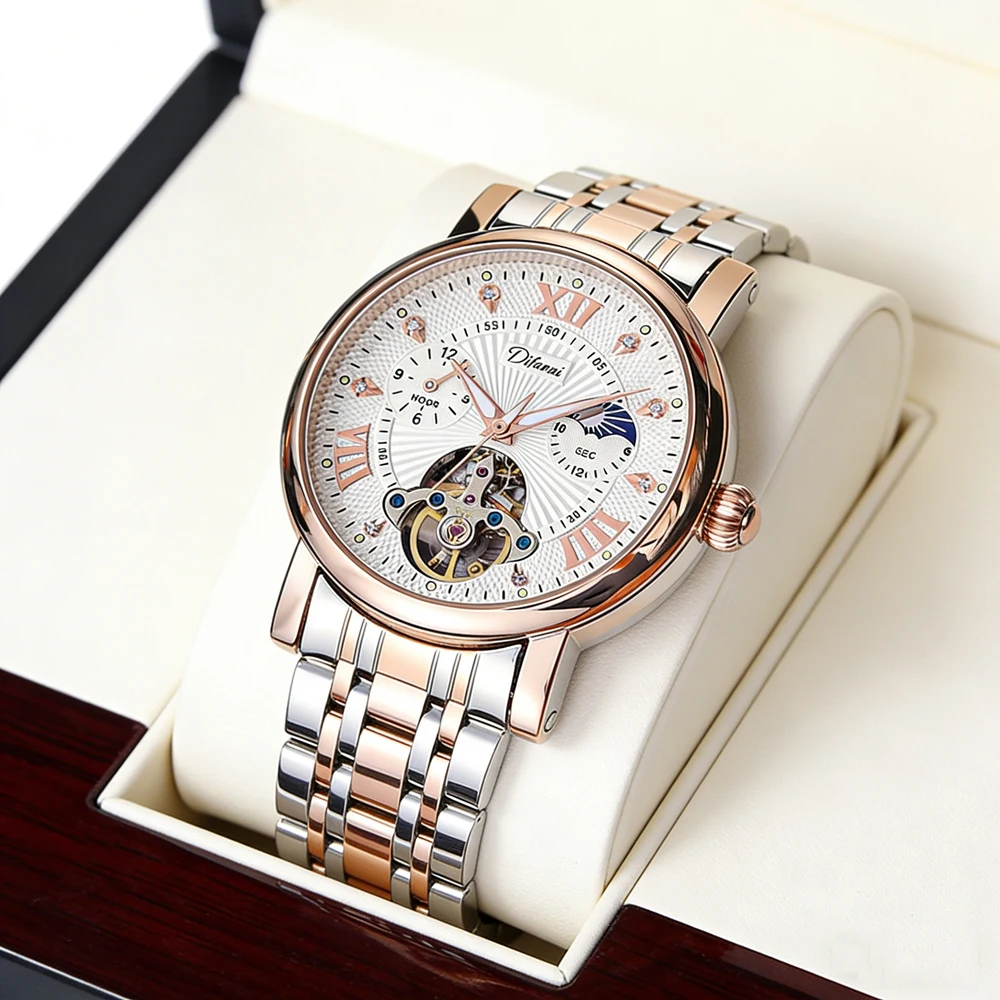 

Элитные часы-скелетоны с турбийоном, модный дизайн с фазами Луны, механические мужские часы из нержавеющей стали, водонепроницаемые мужские часы Reloj