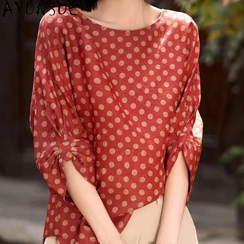 AYUNSUE Silk Women's T-shirts Polka Dot O-neck Tops for Woman Red Women T Shirts Spring Summer Clothes for Woman Ropa Para Mujer