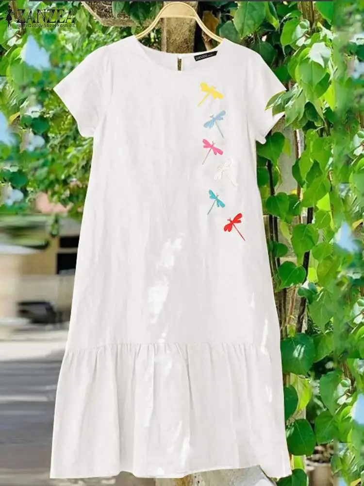 

ZANZEA Elegant Summer Women Floral Embroidery Dress Short Sleeve O Neck Sundress Robe Femme Casual Holiday Beach Vestidos Kaftan