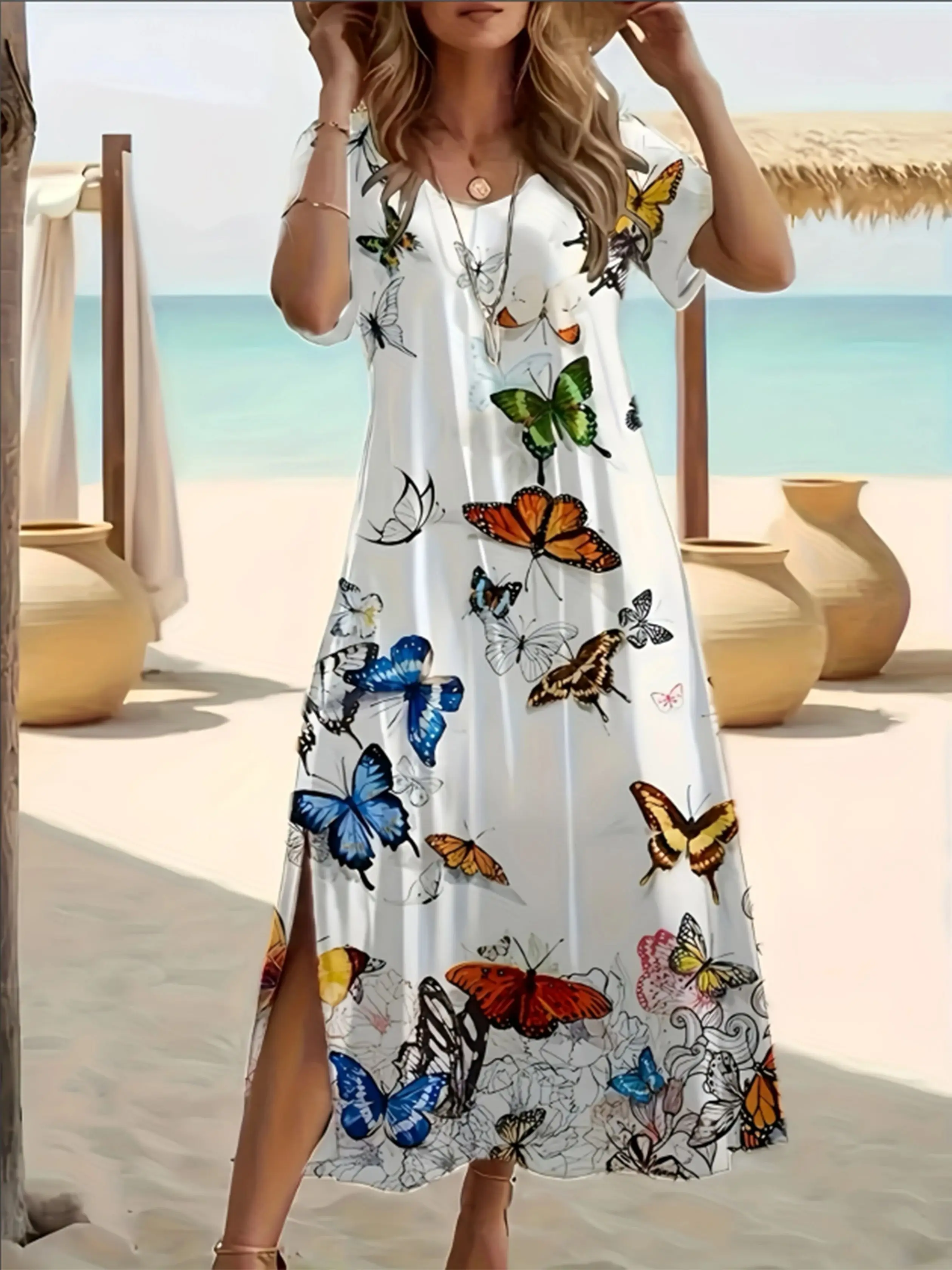 Elegancka letnia sukienka plus size z dekoltem w kształcie litery V i nadrukiem motyla - z rozcięciem i krótkim rękawem. Moda damska — zdjęcie 2