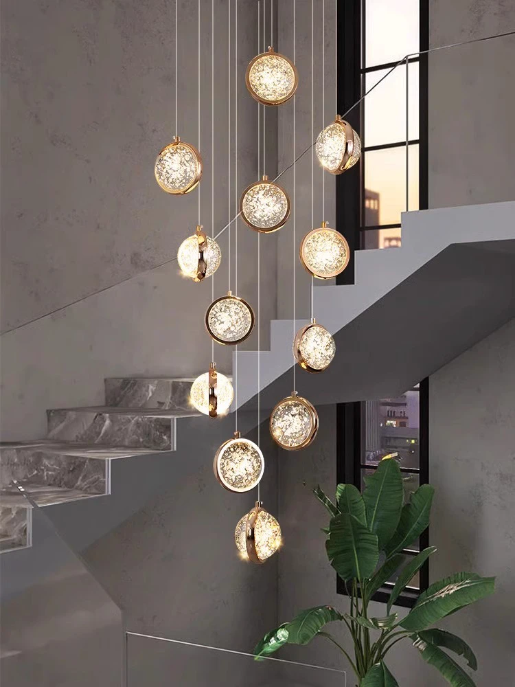 Modern Minimalist Spiral Staircase Chandelier Creative Loft Crystal LED Light Golden Luxury Villa Living Room Long Chandelier