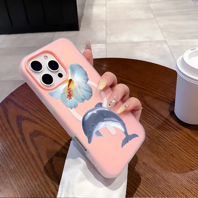 マグネット式の美しいデザイン、新鮮な白い花と可愛い青いイルカをあしらったiPhone16/15/14/13/12/11 PROMAX用スマホケース/カバー