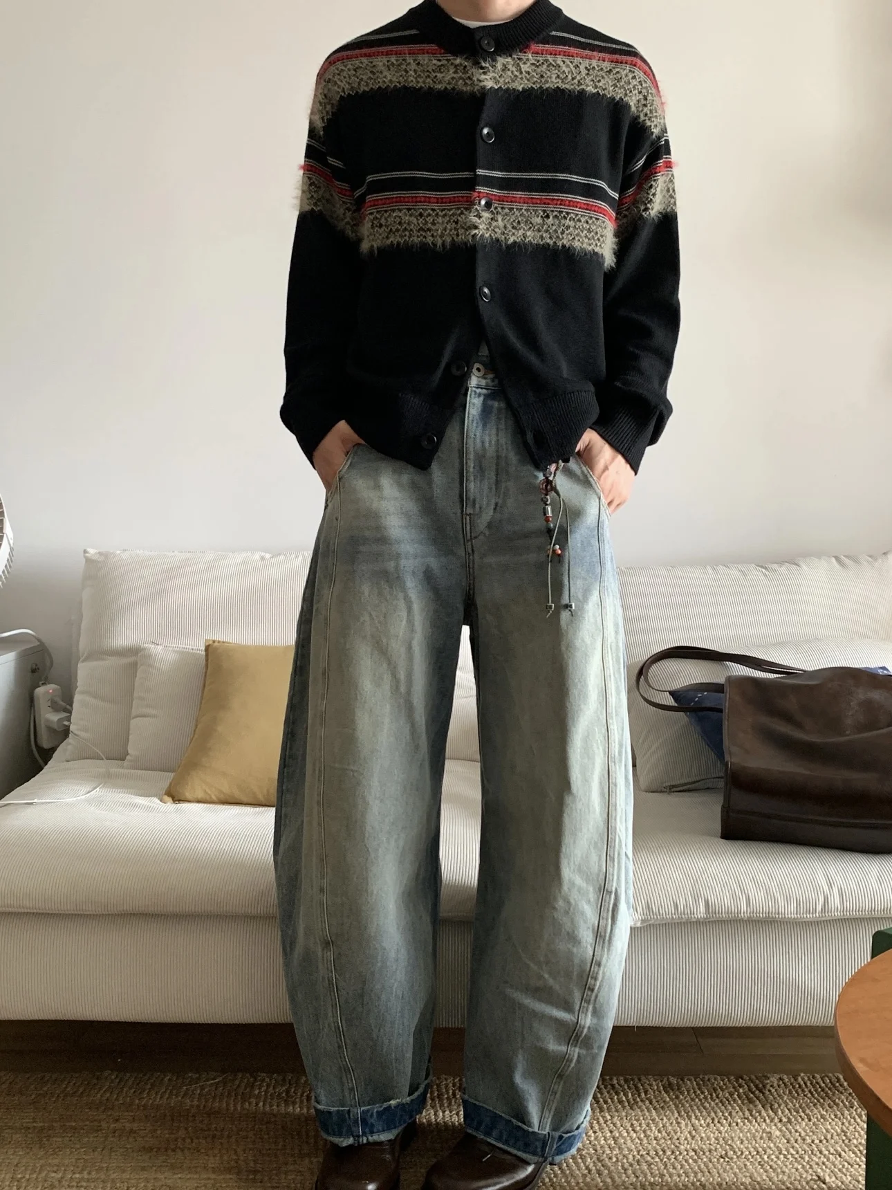 アメリカンレトロストライプカラーブロニットオープンカーディガンメンズ冬暖かいカジュアルルーズニットアウター通気性弾性