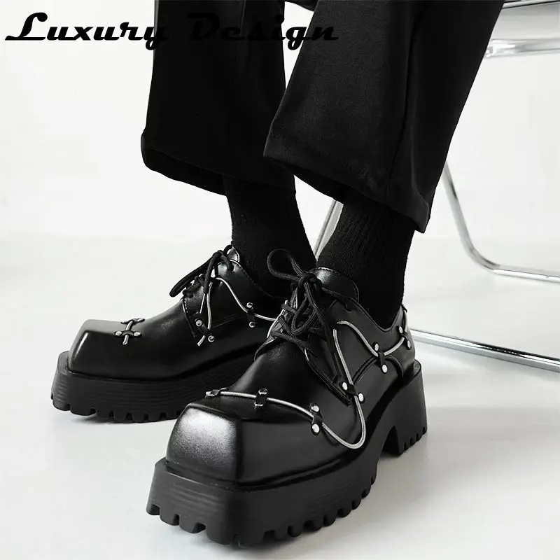 Women Platform Derby Shoes Metal Decoration Men Punk Shoes Women Oxfords Ladies Casual Leather Shoes Square Toe Dress Shoes