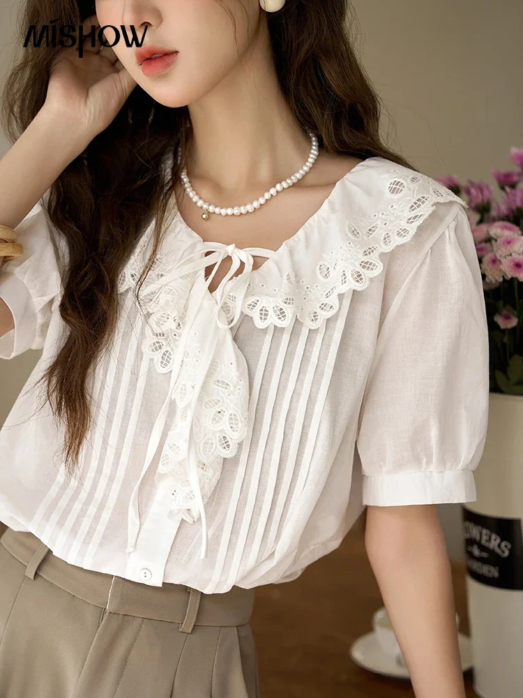 MISHOW Lace-up V Neck Short Sleeve Blouse 2023 Summer Korean 100Cotton Doll Collar Sweet Puff Sleeve Female Solid Top MXC33C0050