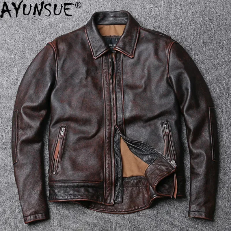 AYUNSUE Leather Jacket Men Vintage Cowhide Genuine Coat Motorcycle 100% real Cow Slim Fit clothes 2025 KJ4707