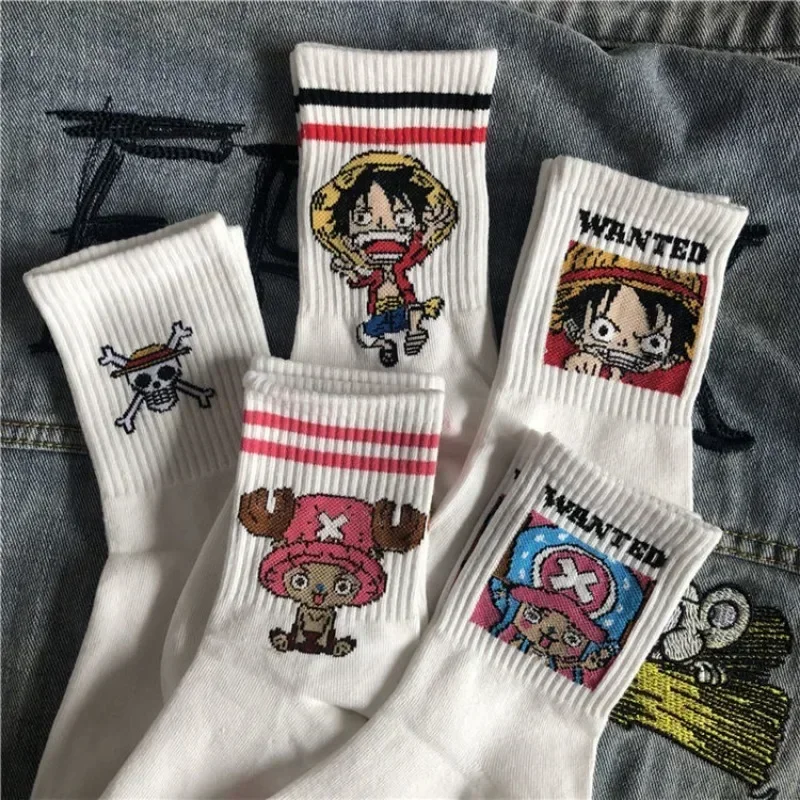 5 paires de chaussettes une pièce Anime dessin animé Luffy Chopper étudiant coton blanc longues chaussettes de bateau courtes chaussettes tricotées imprimées cadeau pour enfants