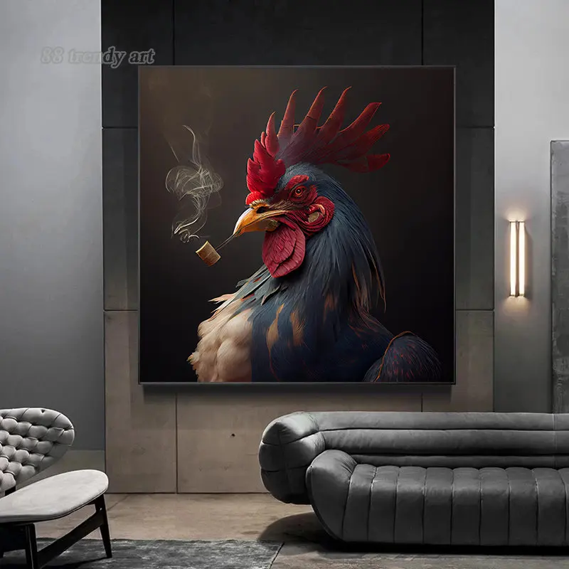 Mr. Rooster Smoking Canvas Painting Cool Cock Poster Funny Animal Wall Art Printing Pictures for Living Room Decoration Cuadros