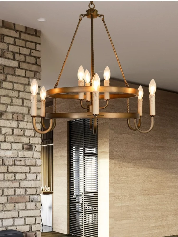 American style living room lamp, dining room, bedroom, antique style double layered candle, vintage bronze pendant light
