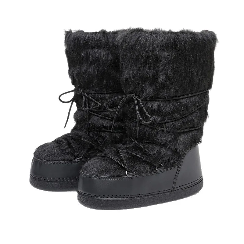 High Quality Women's Faux Fur Platform Snow Boots Winter Warm Lace Up Fluffy Ankle Boots for Women Outdoor Casual Non-slip Shoes view 5
