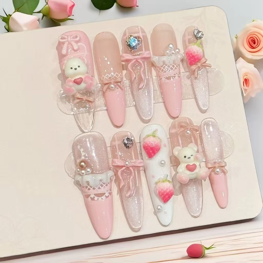 

10 шт. [клубничный медведь] мечтательный розовый милый медведь, длинные нажасные ногти с инструментами из 4 шт., сверхпрочные клейкие вкладки для ногтей