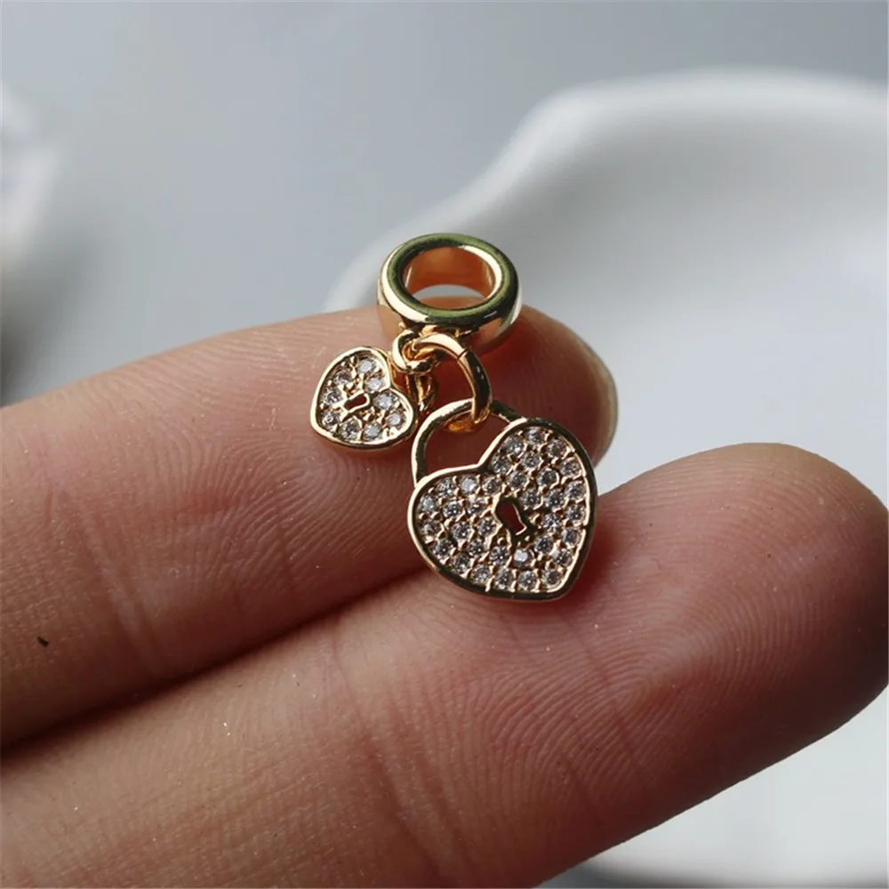 14K Gold-wrapped Double Love Inlaid Zircon Pendant, Large Ring, Double Heart Pendant, DIY Jewelry Material