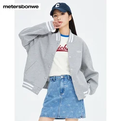 Metersbonwe-Women's Knit Cardigan Thick Fleese-Lined Straight Loose Classic Baseball Warm Wear Campus Sport Casual Autumn