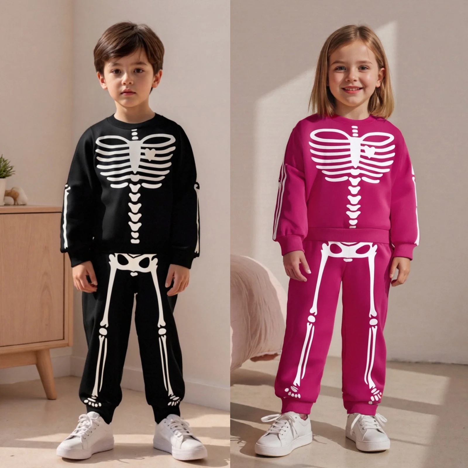 1-6Y Kids Toddler Girl Boy Halloween Outfits Skeleton Print Long Sleeve Round Neck Pullover Tops Elastic Waist Pants 2 Pcs Set