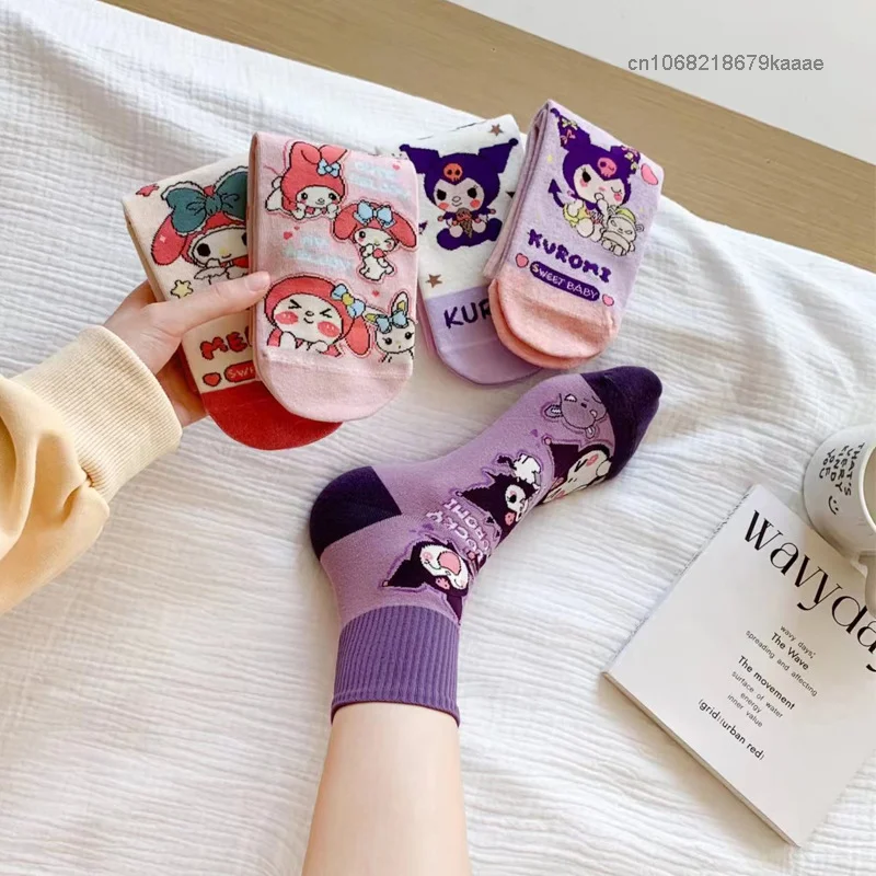 Sanrio Kuromi Melody Cute Cotton Socks Y2k Girls Cartoon Spring Middle Tube Socks 5 Pairs Set Women Anime Fashion Accessories