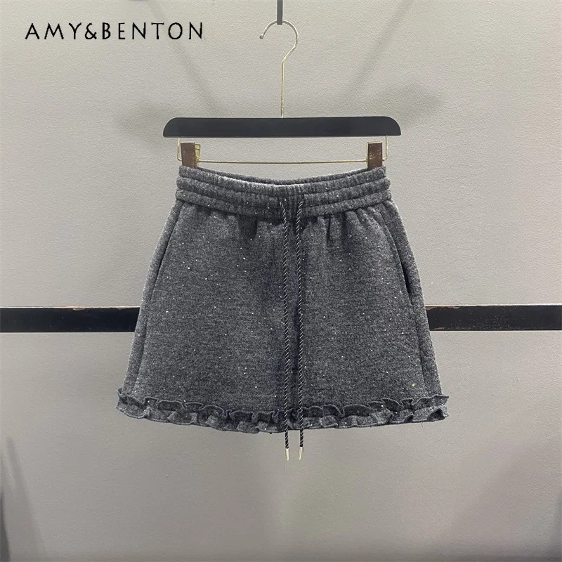 

French Design Sweet Ruffled Lace Sequin Women's Skirt Winter New High Waist Drawstring Slimming A-line Bodycon Skirts Ladies