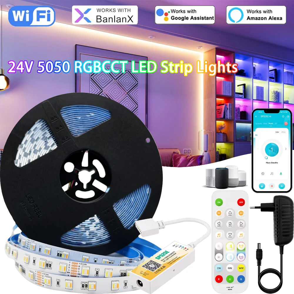DC24V Led Strip 5050 RGBCCT 5in1 Led Flexible Strip Light Tape Mini WIFI Bluetooth LED Controller for Alexa Google Home Decor