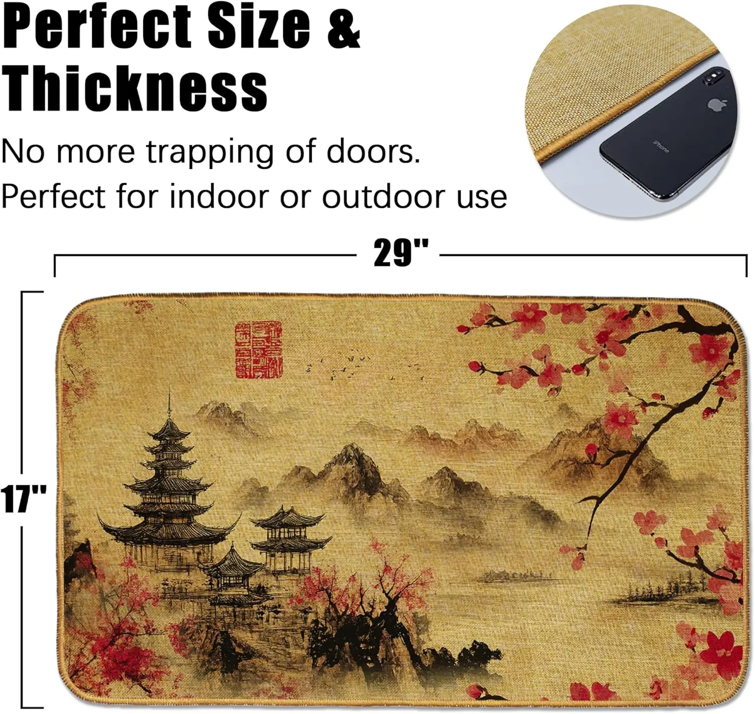 Doormat Japanese Cherry Blossoms Front Door Mat Indoor Outdoor Entrance,Vintage Landscape Door Mat Waterproof Low Profile