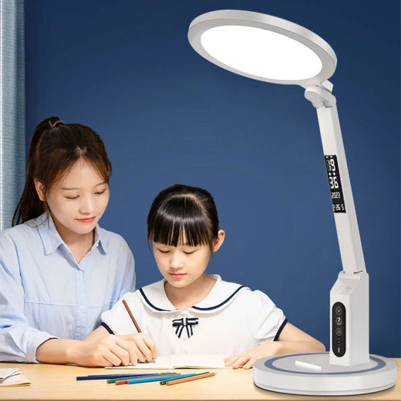 Lámpara de mesa con reloj LED, lámpara de escritorio regulable recargable por USB, luz LED enchufable, protección ocular plegable, luz nocturna de