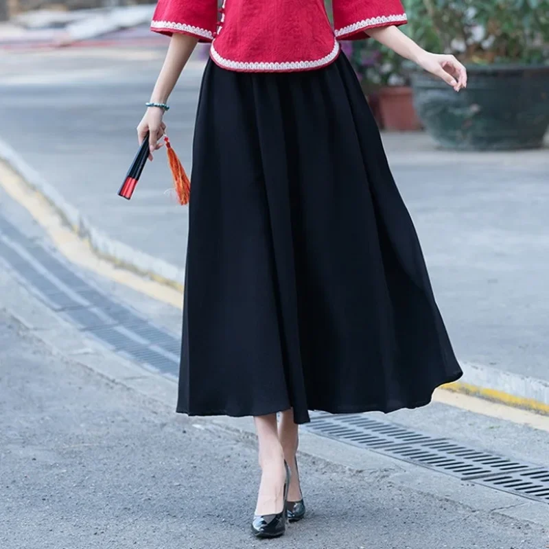 New Spring Summer Ladies Skirts Womens 2024 Cotton Linen Black Midi Skirts For Women Vintage Flared Skirt Faldas Saia 12543