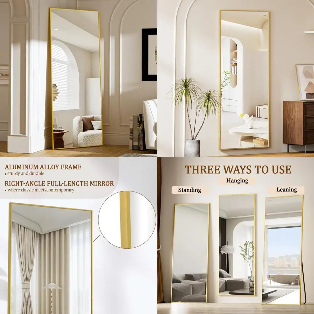 Miroir de sol pleine longueur avec support, miroir penché doré pour chambre à coucher, miroir horizontal sur pied ou suspendu