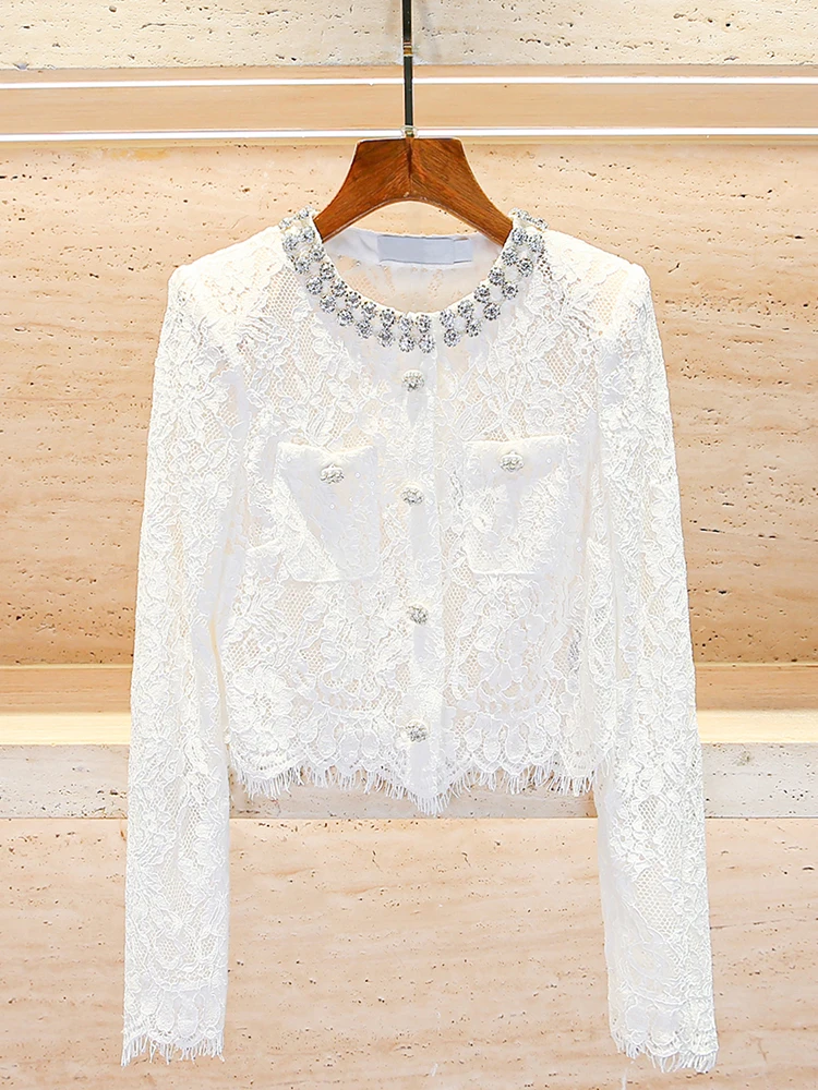 كارديجان نسائي فاخر مزين بالدانتيل والماس، مفتوح من الأمام، بتصميم عصري للربيع، مطرز بكثافة، بأسلوب السيدات الثريات، سترة قصيرة #3