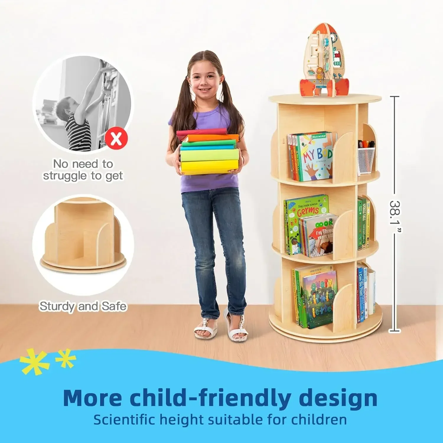Kids Rotating Bookshelf, Small Corner Bookshelf for Small Space, 360° Display 3 Tier Floor Standing Bookcase Storage Rack, Woode
