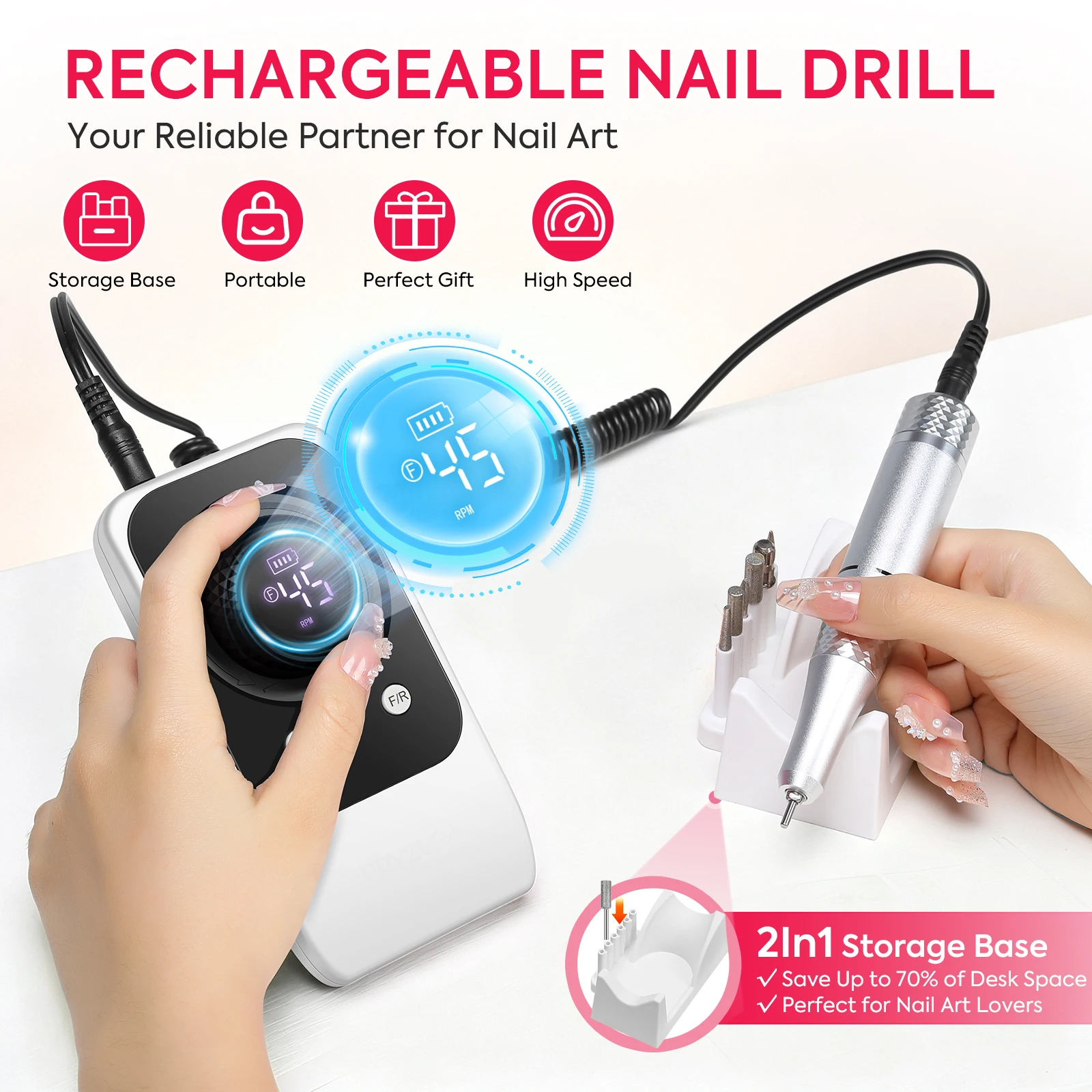 DianaBeauty 45000RPM Nail Drill Machine Professional Nail Polisher with LCD Display Low Voice Electric Nail Lathe with Battery