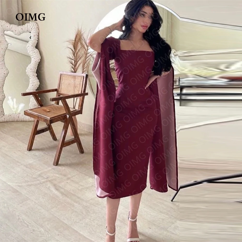 

OIMG Wine Red Short Full Sleeves Formal Party Dresses Tea Length Strapless Custom Evening Gowns Night Club Dress Robe de soiree